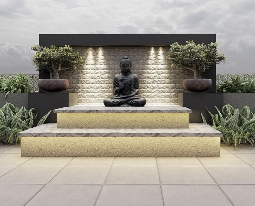modern terrace garden zen statue feature architect with bonsai plants india mumbai banglore