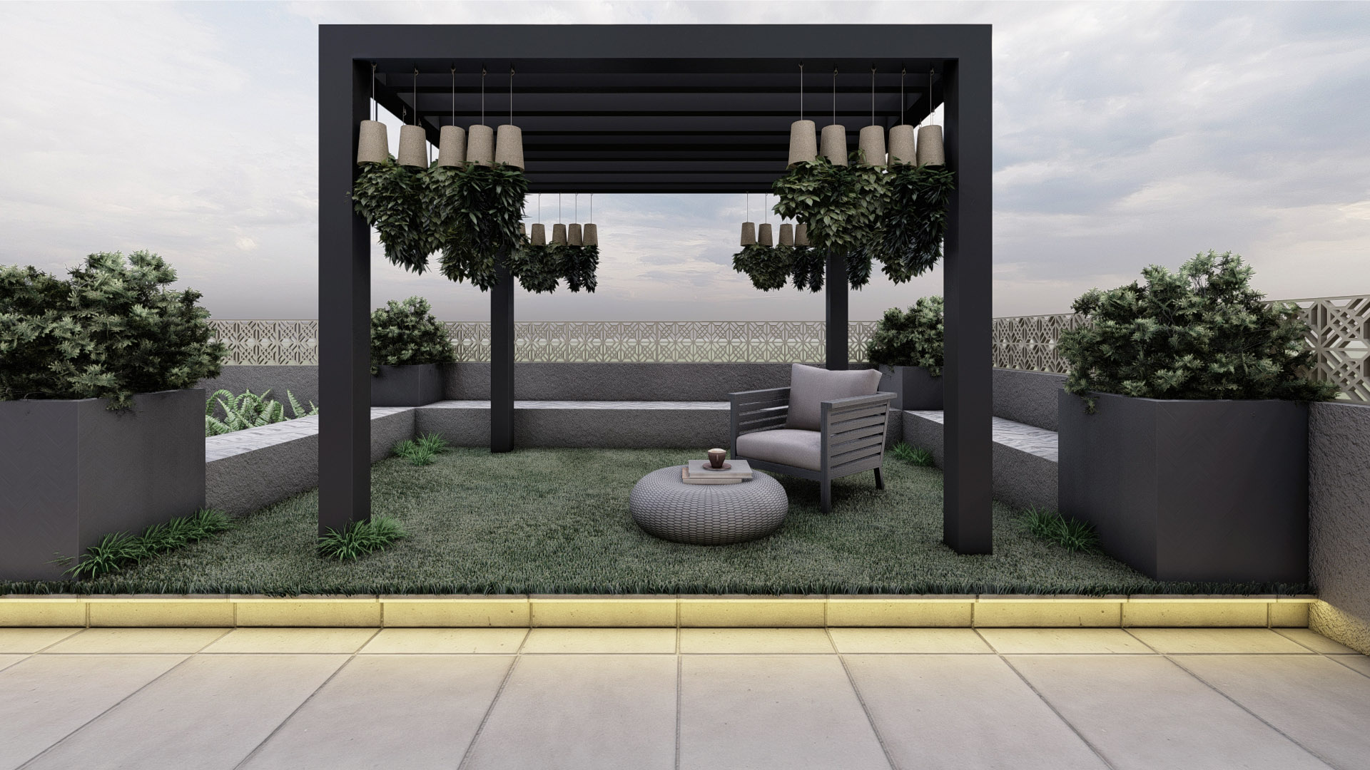 Landscaped courtyard at dusk
