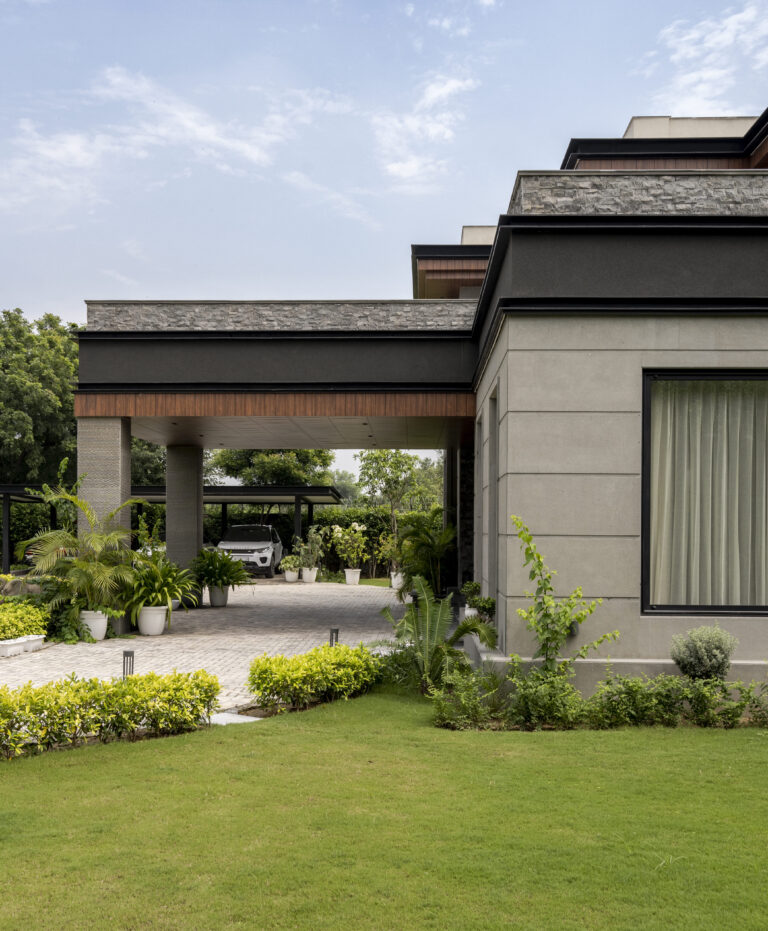 View of building from the walkway — interior design by Pochē Aesthetics, Delhi NCR
