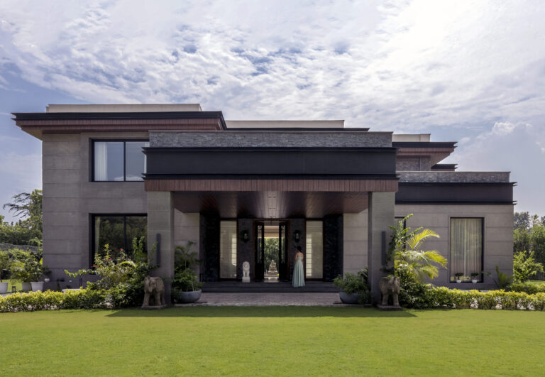 View of the building from the front garden — interior design by Pochē Aesthetics, Delhi NCR