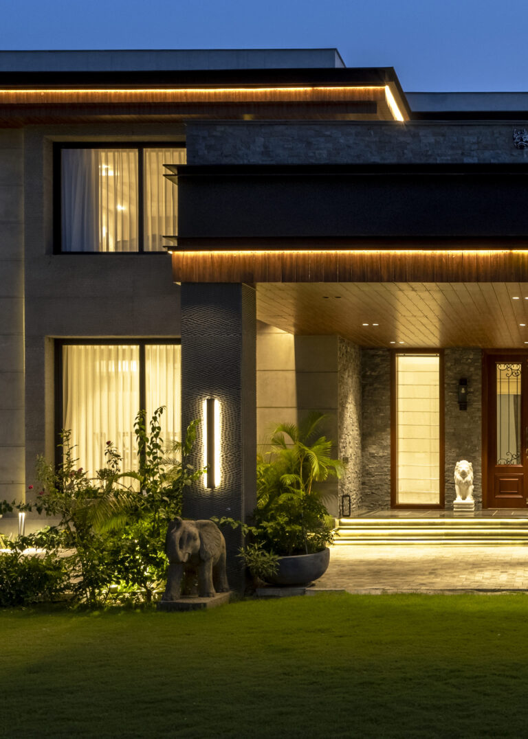 Evening shot with facade details — interior design by Pochē Aesthetics, Delhi NCR
