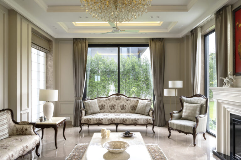 Formal drawing room in a luxury Delhi residence by Pochē Aesthetics