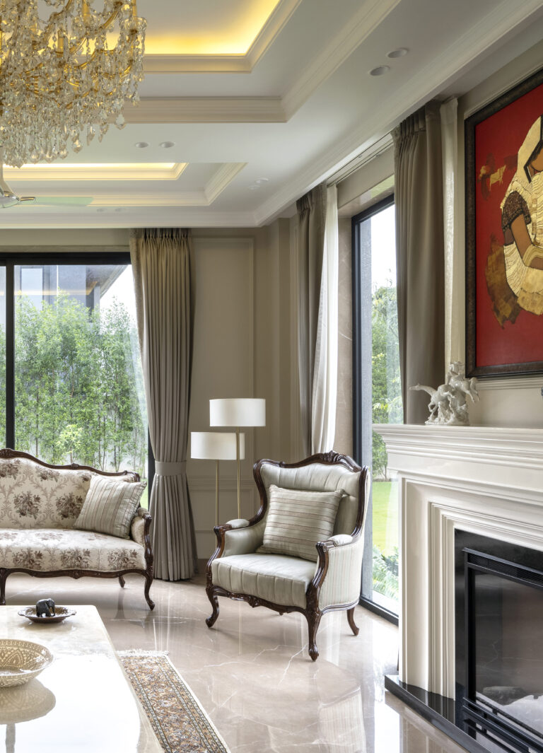 Detail of the drawing room — interior design by Pochē Aesthetics, Delhi NCR