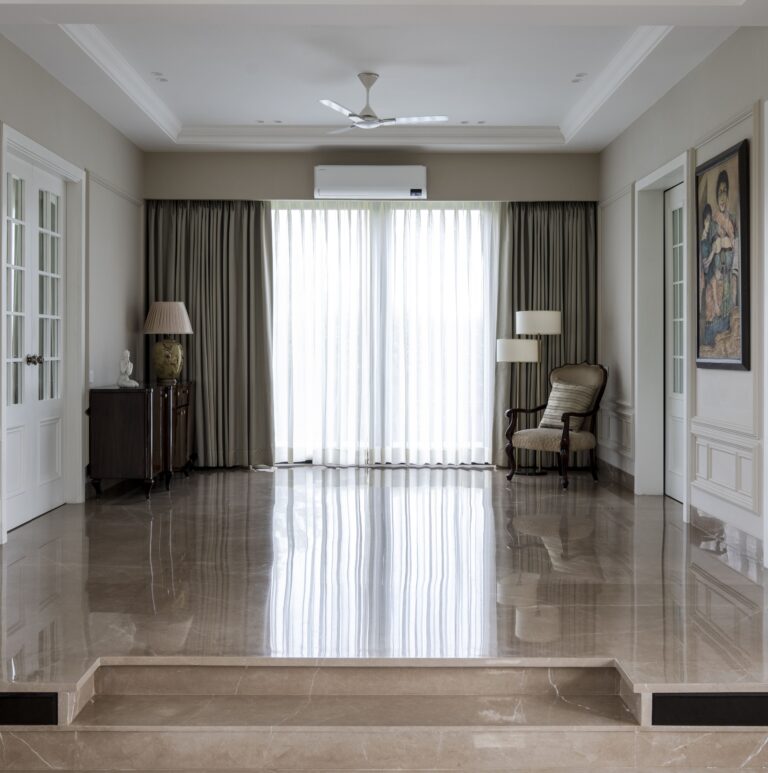 View of hte classical vestibule from the foyer — interior design by Pochē Aesthetics, Delhi NCR