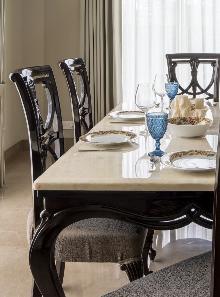 Styled dining detail in a residence by Pochē Aesthetics, New Delhi