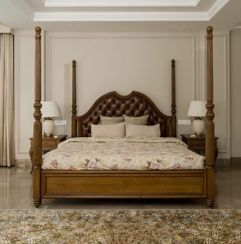 View of the bed area of the master suite — interior design by Pochē Aesthetics, Delhi NCR