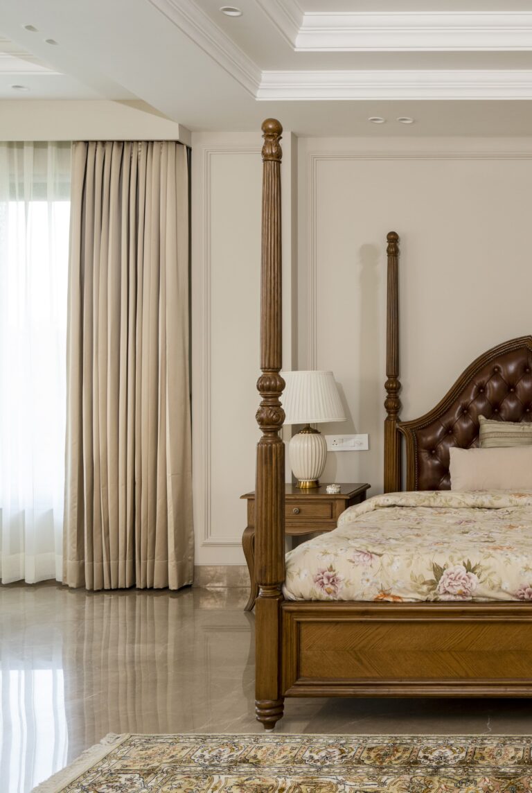 Detail view of the master bed suite — interior design by Pochē Aesthetics, Delhi NCR