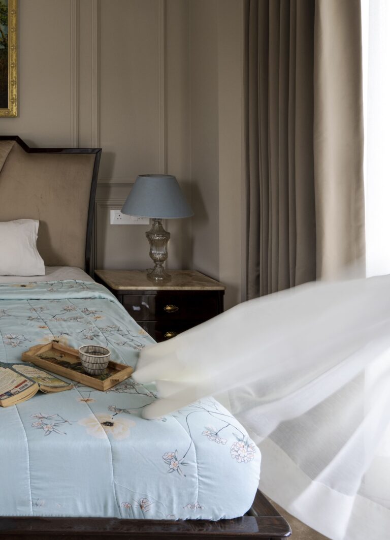 View of the guest bedroom — interior design by Pochē Aesthetics, Delhi NCR