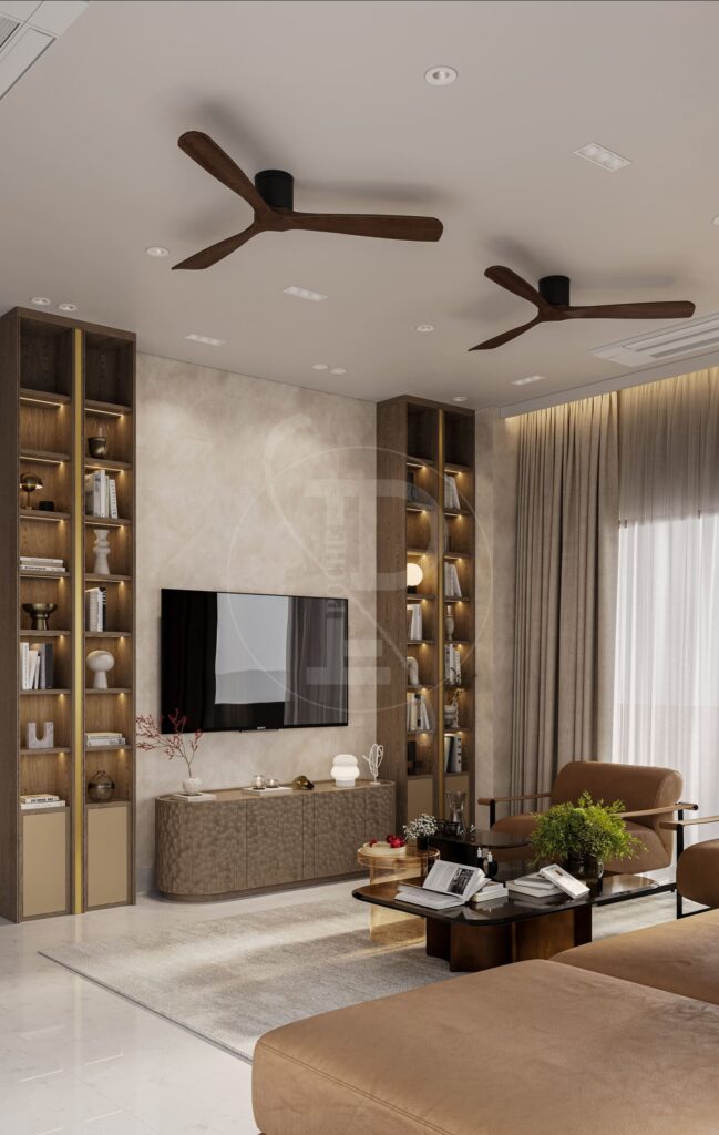 Lounge area with layered lighting in a Delhi NCR home by Pochē Aesthetics