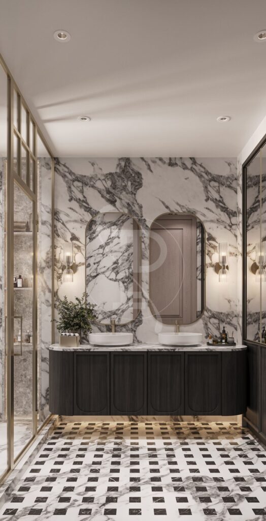 Bathroom stone and vanity detailing in a Delhi NCR home by Pochē Aesthetics