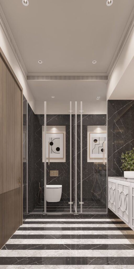Bathroom with stone and mirror detail in a Pochē Aesthetics residence, South Extension